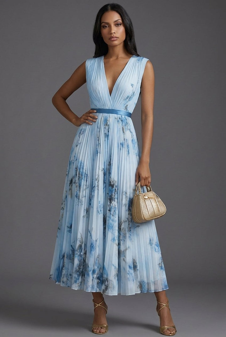 Evelyn | Elegante abito midi plissettato con stampa floreale 3
