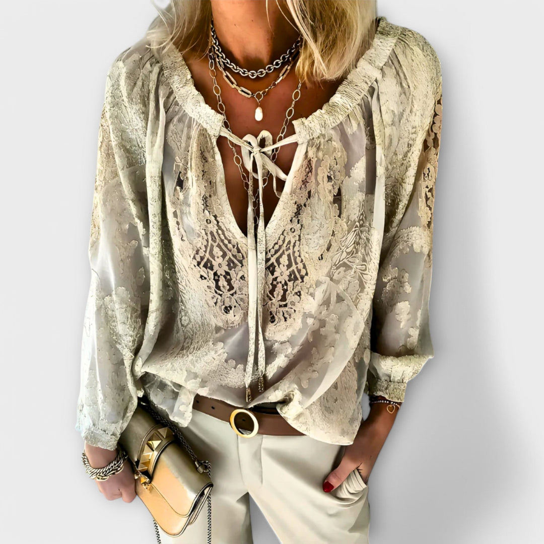 Fiorenza | Elegante Blusa in Pizzo con Scollo a V e Maniche Lunghe 2