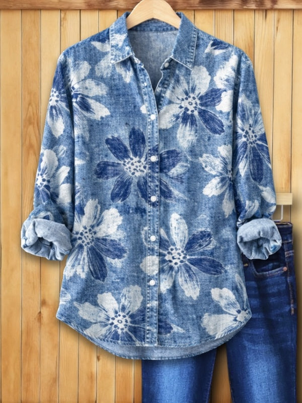 Flora | Comoda Camicia Donna in Denim Floreale Casual 0