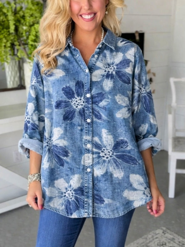 Flora | Comoda Camicia Donna in Denim Floreale Casual 1