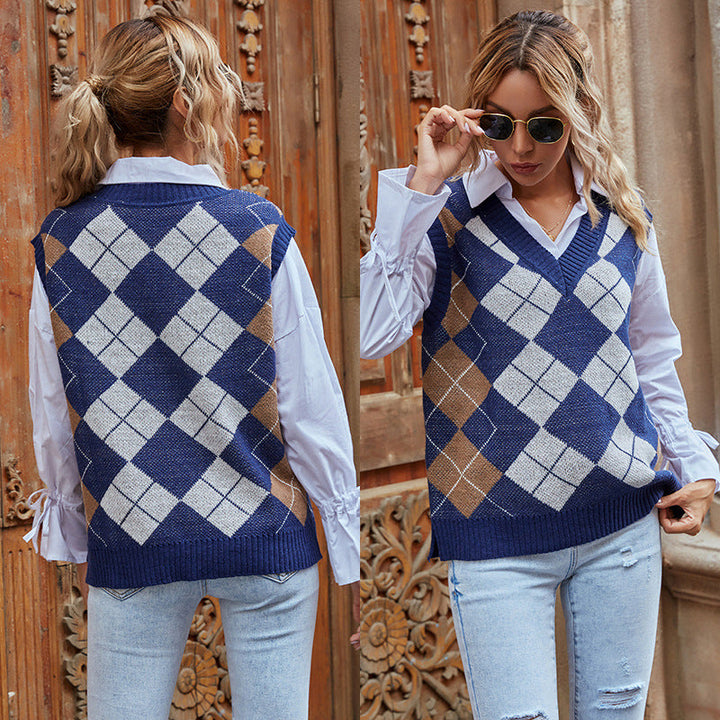 Gilet da donna con motivo a quadri classico e moderno scollo a V Drune 2