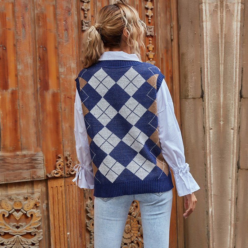 Gilet da donna con motivo a quadri classico e moderno scollo a V Drune 4