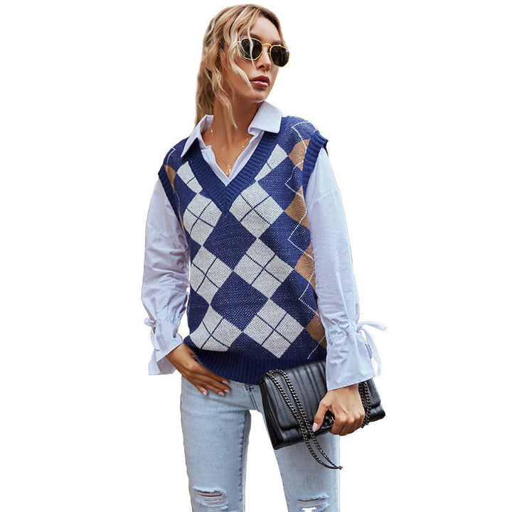 Gilet da donna con motivo a quadri classico e moderno scollo a V Drune 5