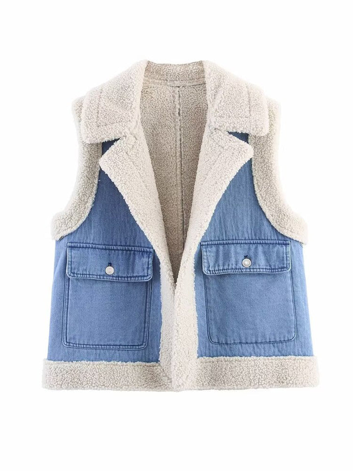 Gilet da donna in denim stile vintage con fodera in pile, Drune 0