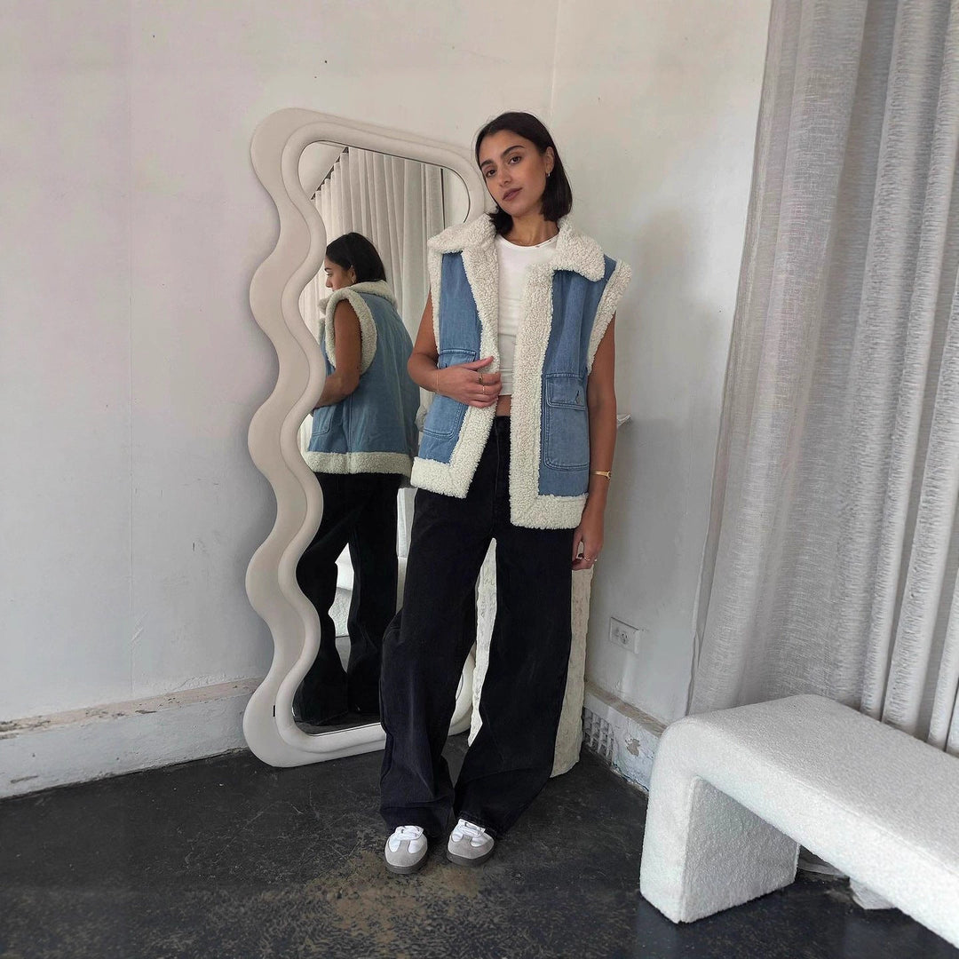 Gilet da donna in denim stile vintage con fodera in pile, Drune 1