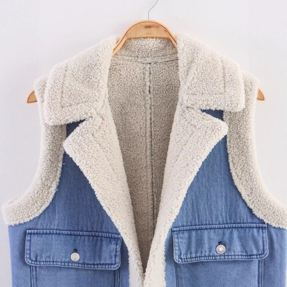 Gilet da donna in denim stile vintage con fodera in pile, Drune 3