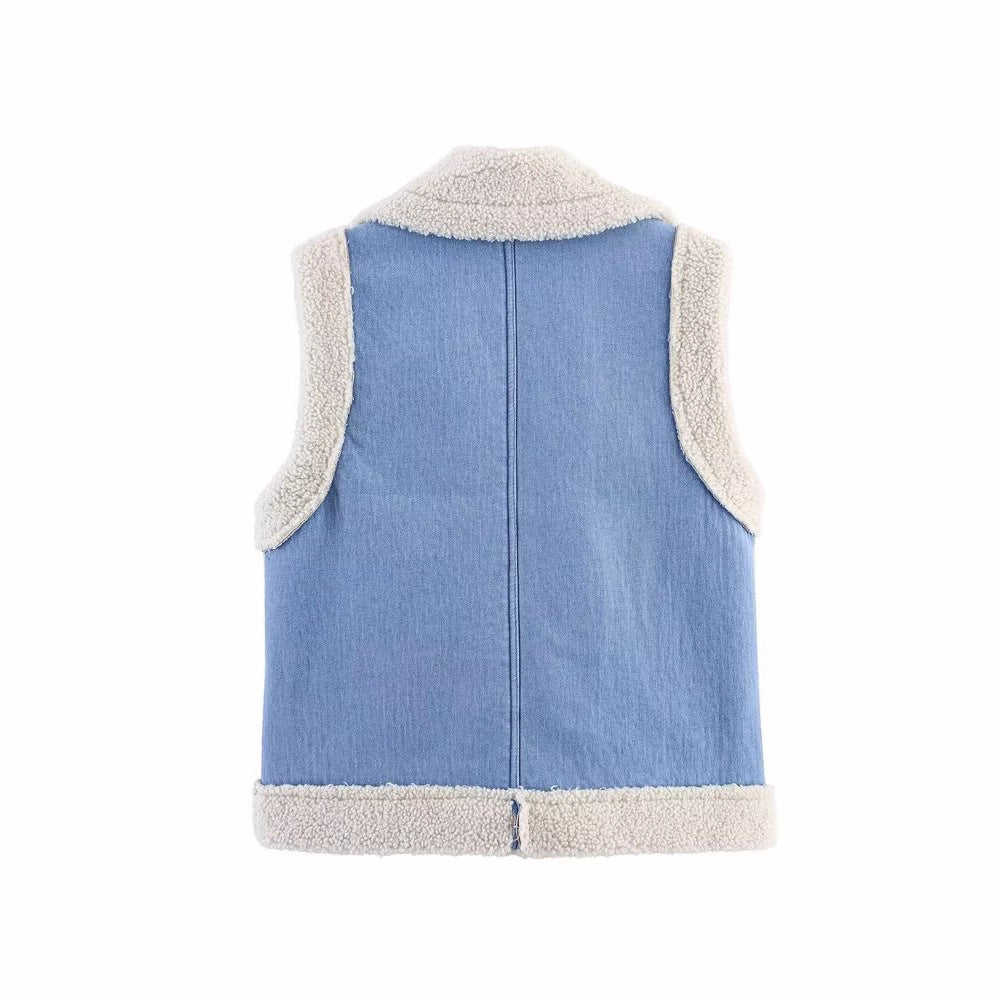 Gilet da donna in denim stile vintage con fodera in pile, Drune 4