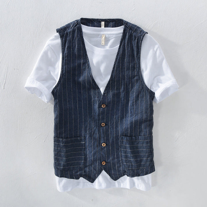 Gilet da uomo a righe, effetto lino 1