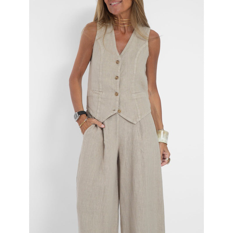 Gilet elegante da donna in lino con dettagli a bottoni Drune 0
