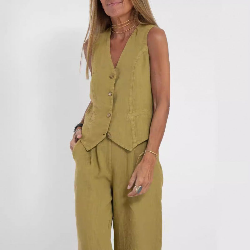 Gilet elegante da donna in lino con dettagli a bottoni Drune 3