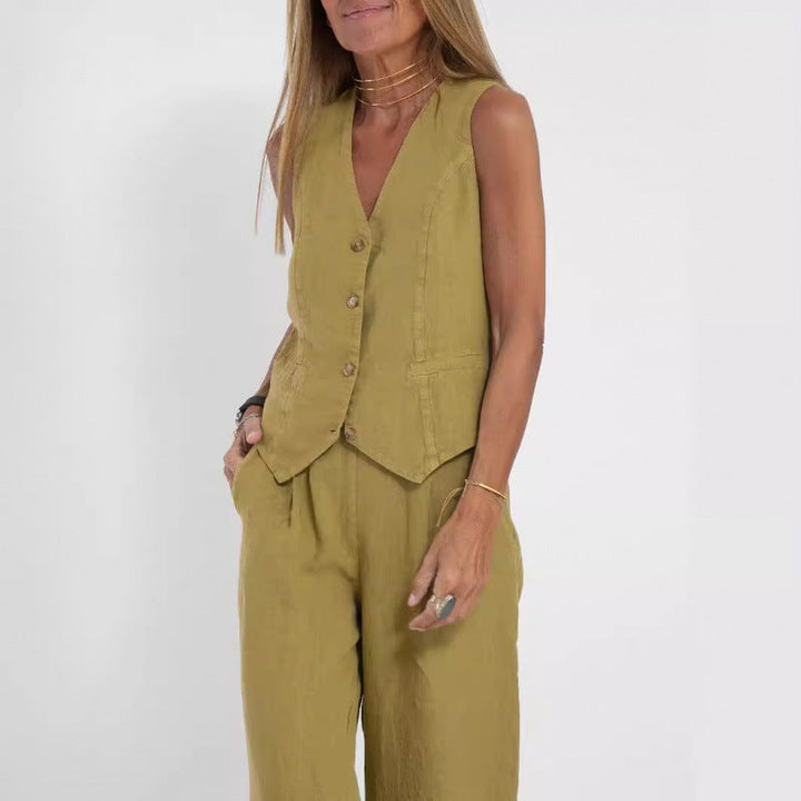 Gilet elegante da donna in lino con dettagli a bottoni Drune 3