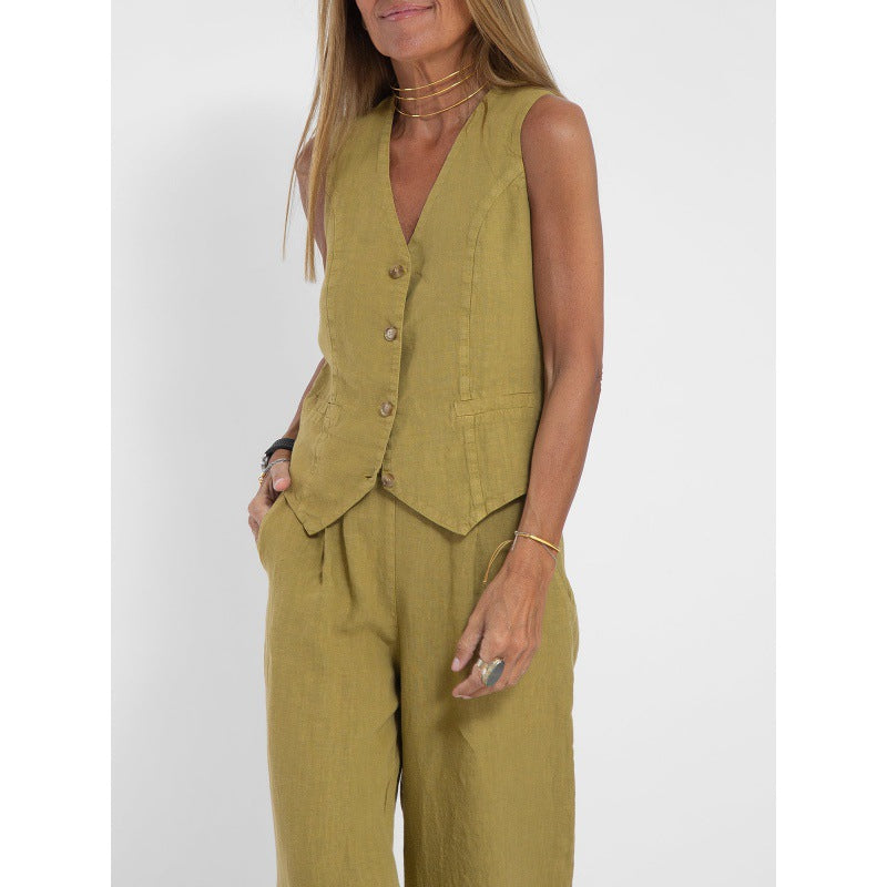 Gilet elegante da donna in lino con dettagli a bottoni Drune 8