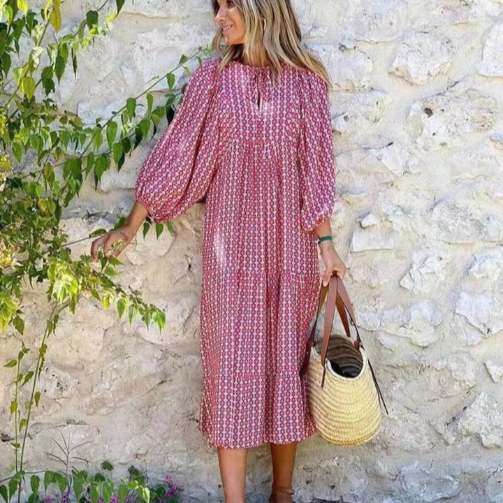 Giulia | Maxi Abito Boho Chic – Stampa Geometrica, Maniche a Sbuffo &amp; Scollo a V Femminile 13