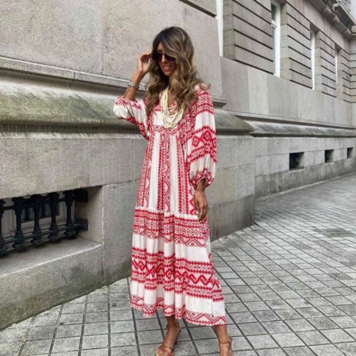 Giulia | Maxi Abito Boho Chic – Stampa Geometrica, Maniche a Sbuffo &amp; Scollo a V Femminile 15