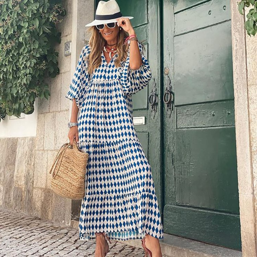Giulia | Maxi Abito Boho Chic – Stampa Geometrica, Maniche a Sbuffo &amp; Scollo a V Femminile 18