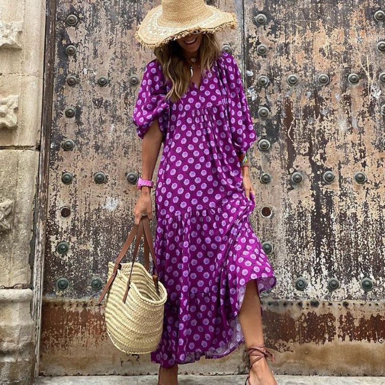 Giulia | Maxi Abito Boho Chic – Stampa Geometrica, Maniche a Sbuffo &amp; Scollo a V Femminile 2