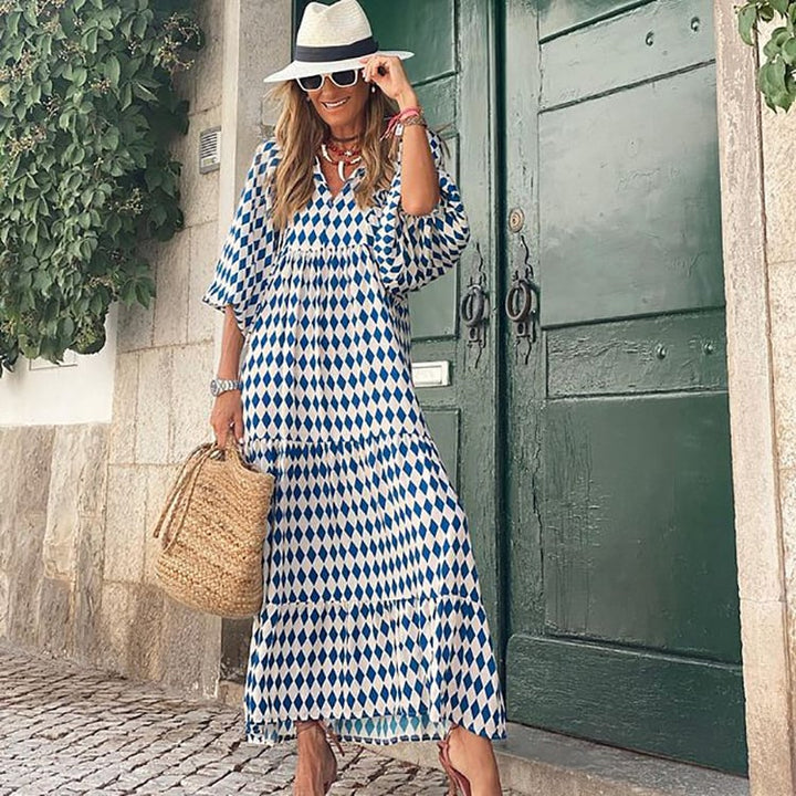 Giulia | Maxi Abito Boho Chic – Stampa Geometrica, Maniche a Sbuffo &amp; Scollo a V Femminile 7