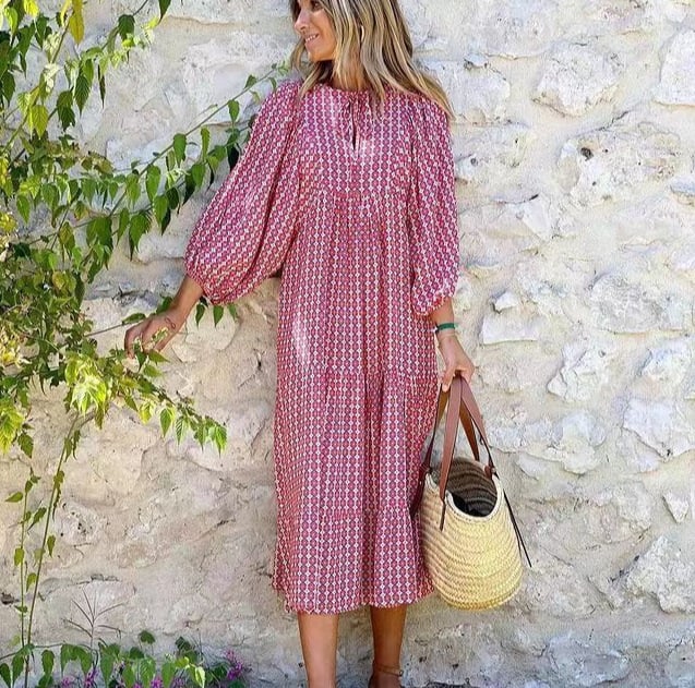 Giulia | Maxi Abito Boho Chic – Stampa Geometrica, Maniche a Sbuffo &amp; Scollo a V Femminile 8