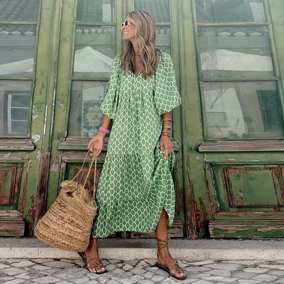 Giulia | Maxi Abito Boho Chic – Stampa Geometrica, Maniche a Sbuffo &amp; Scollo a V Femminile 9