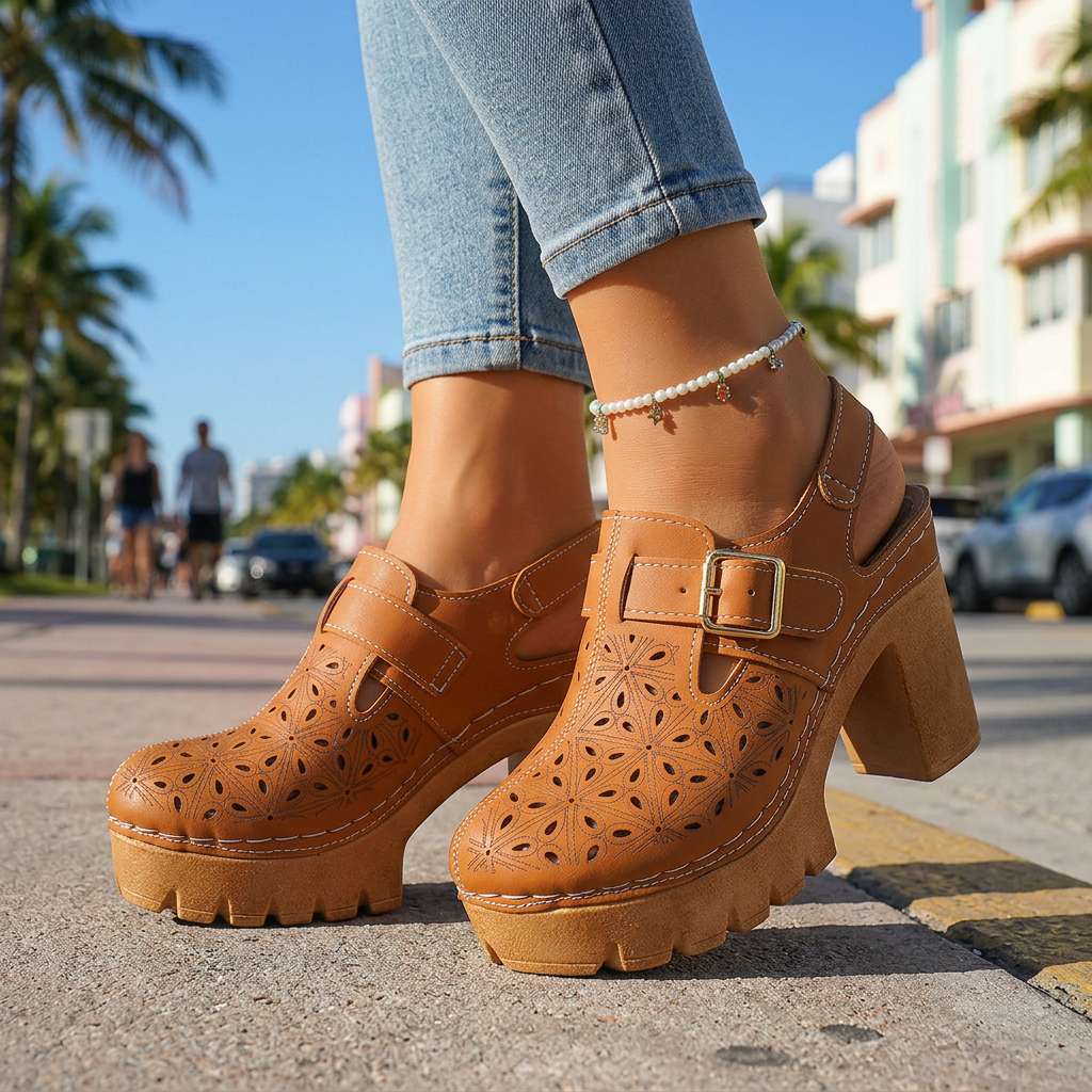 Giulia | Zoccoli Donna Legno Comodi con Tacco Largo e Plateau 1