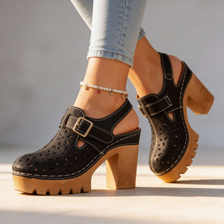 Giulia | Zoccoli Donna Legno Comodi con Tacco Largo e Plateau 6