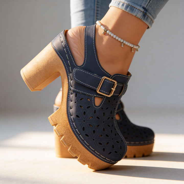 Giulia | Zoccoli Donna Legno Comodi con Tacco Largo e Plateau 7