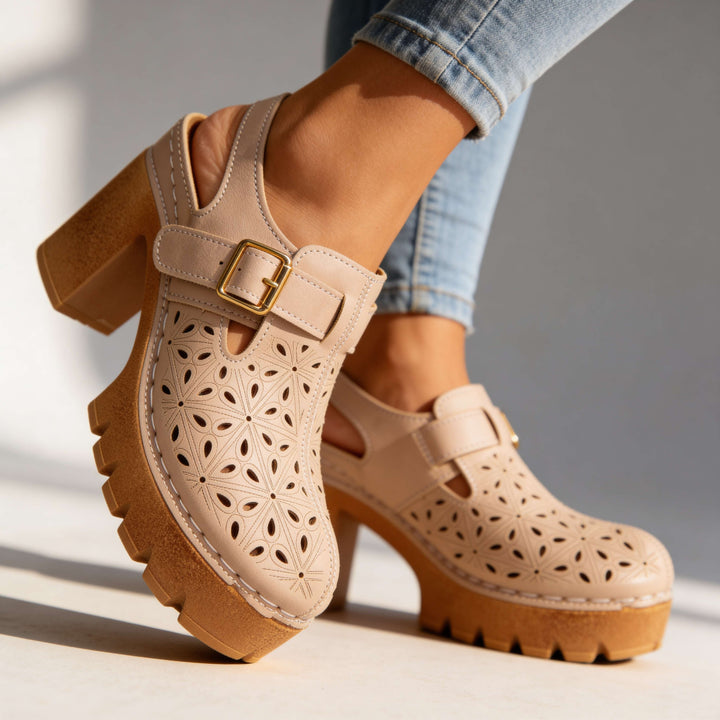 Giulia | Zoccoli Donna Legno Comodi con Tacco Largo e Plateau 9