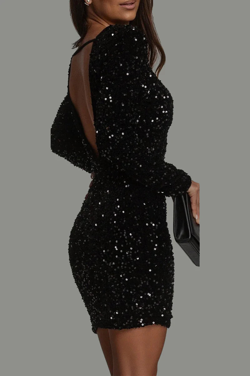 Giuliana | Abito Cerimonia Donna Paillettes Elegante Maniche Lunghe Aderente 5