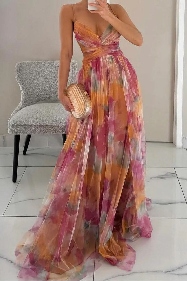 Grace | Abito lungo in tulle con vivaci motivi floreali ad acquerello 0
