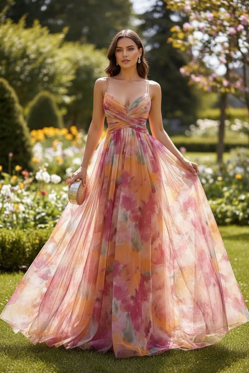 Grace | Abito lungo in tulle con vivaci motivi floreali ad acquerello 1