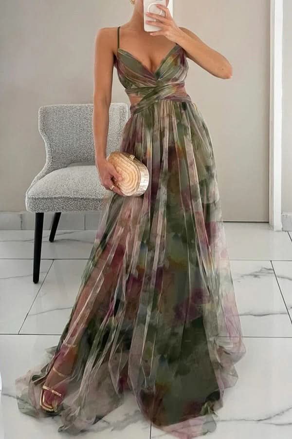 Grace | Abito lungo in tulle con vivaci motivi floreali ad acquerello 2
