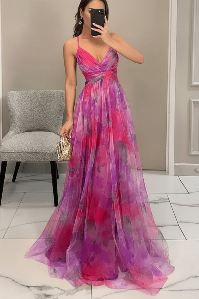 Grace | Abito lungo in tulle con vivaci motivi floreali ad acquerello 8