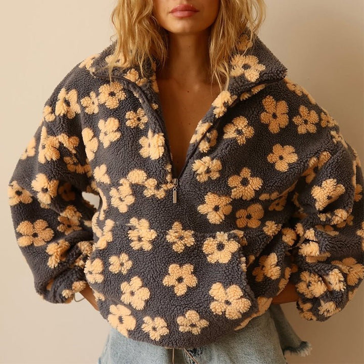 Grace | Maglione da donna oversize in pile con stampa floreale e mezza zip 0