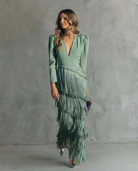 Valentina | Elegant maxi dress with fringes and V-neckline