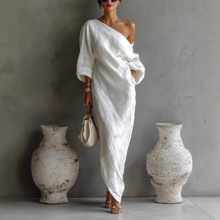 Jolie | Elegante Abito Cerimonia Donna Monospalla in Misto Lino per Occasioni Speciali 0