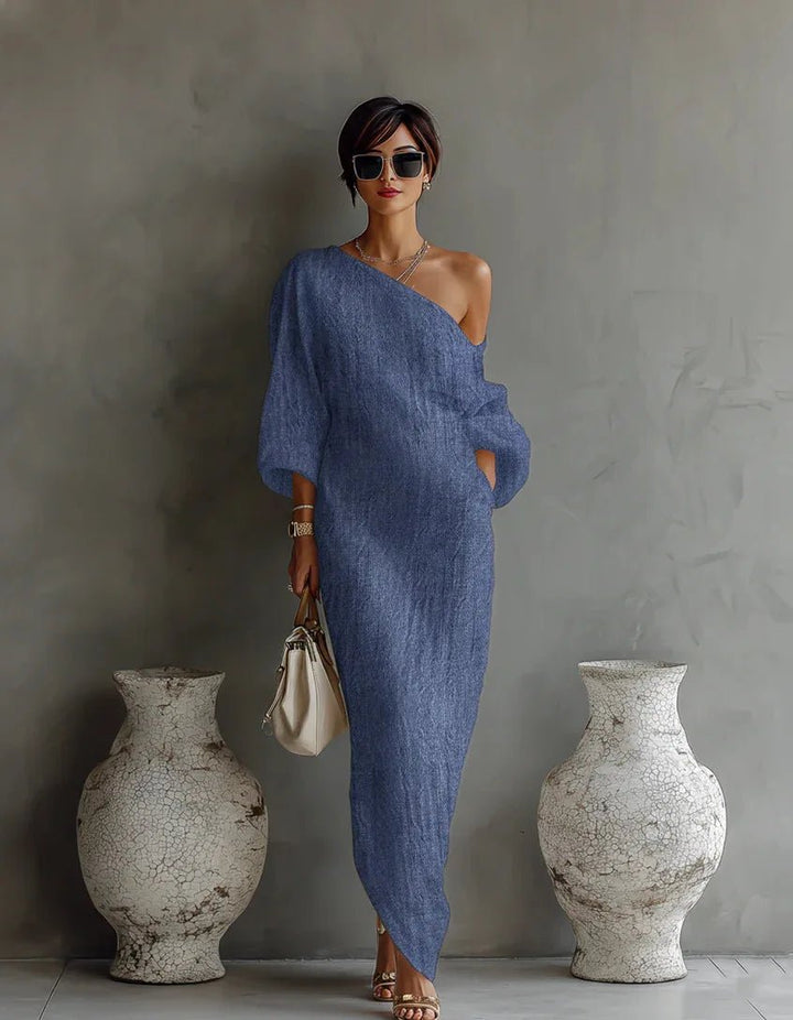 Jolie | Elegante Abito Cerimonia Donna Monospalla in Misto Lino per Occasioni Speciali 1