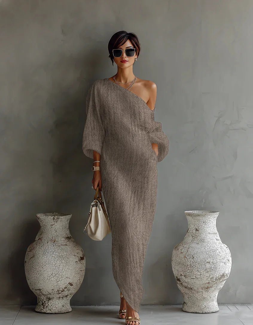Jolie | Elegante Abito Cerimonia Donna Monospalla in Misto Lino per Occasioni Speciali 3