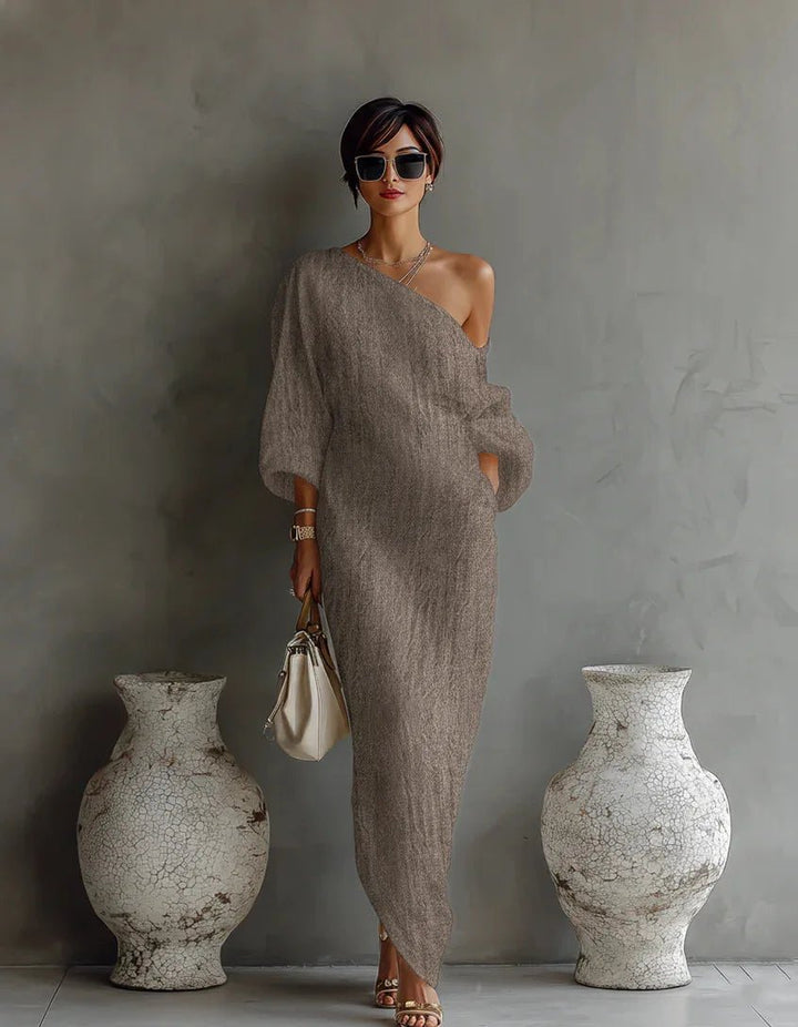 Jolie | Elegante Abito Cerimonia Donna Monospalla in Misto Lino per Occasioni Speciali 3