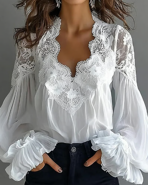 Katia | Blusa Donna Elegante con Pizzo Floreale e Maniche a Lanterna 0