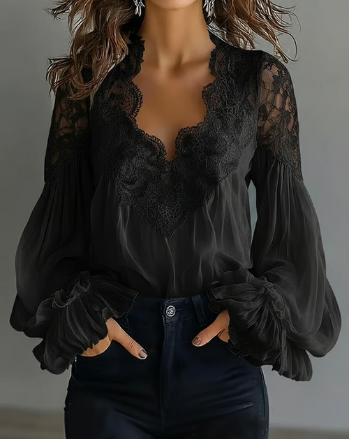 Katia | Blusa Donna Elegante con Pizzo Floreale e Maniche a Lanterna 1