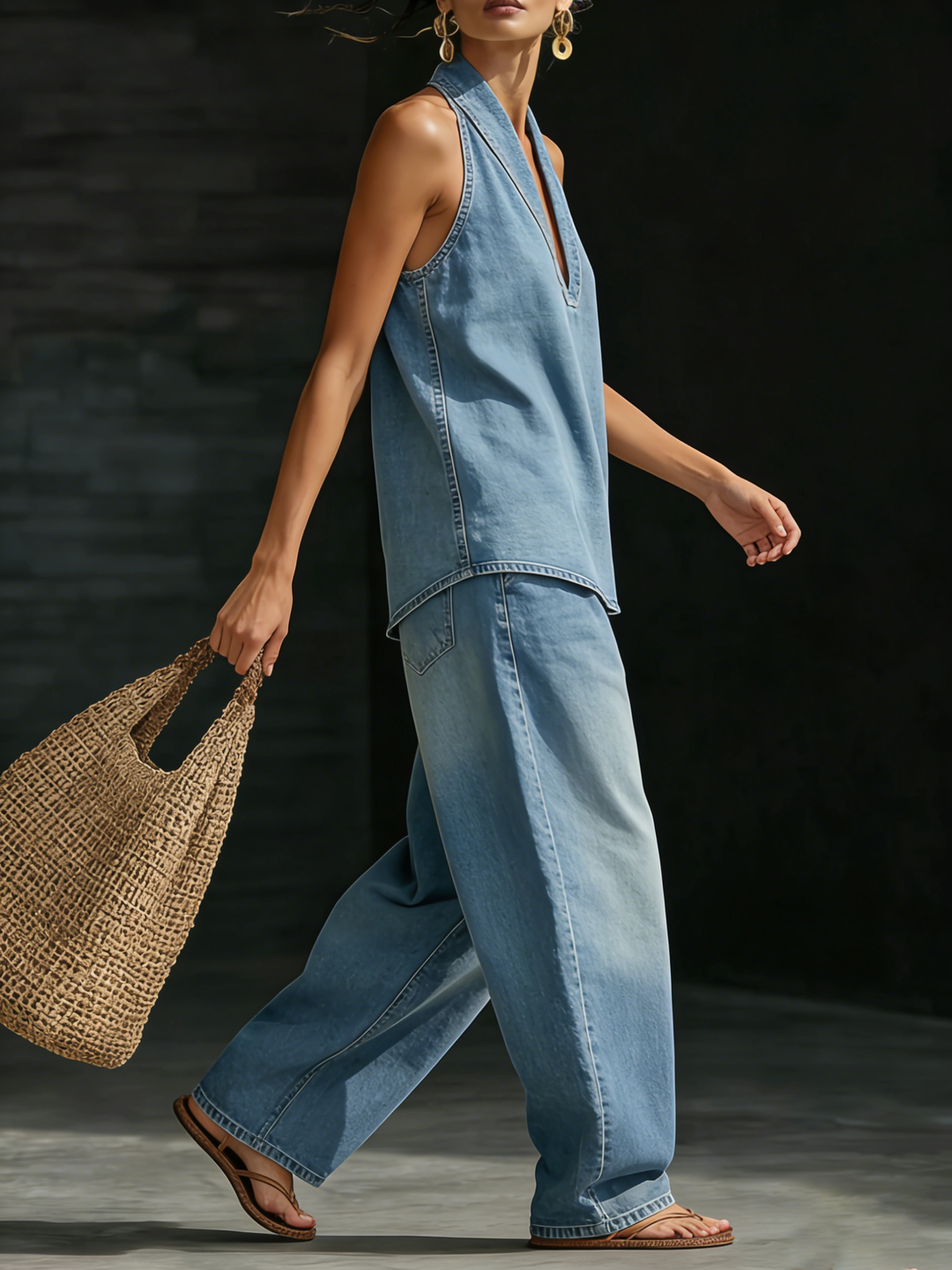 Katrina | Elegante e Versatile Set in Denim per Donne con Top Scollo a V e Pantaloni a Gamba Larga 4