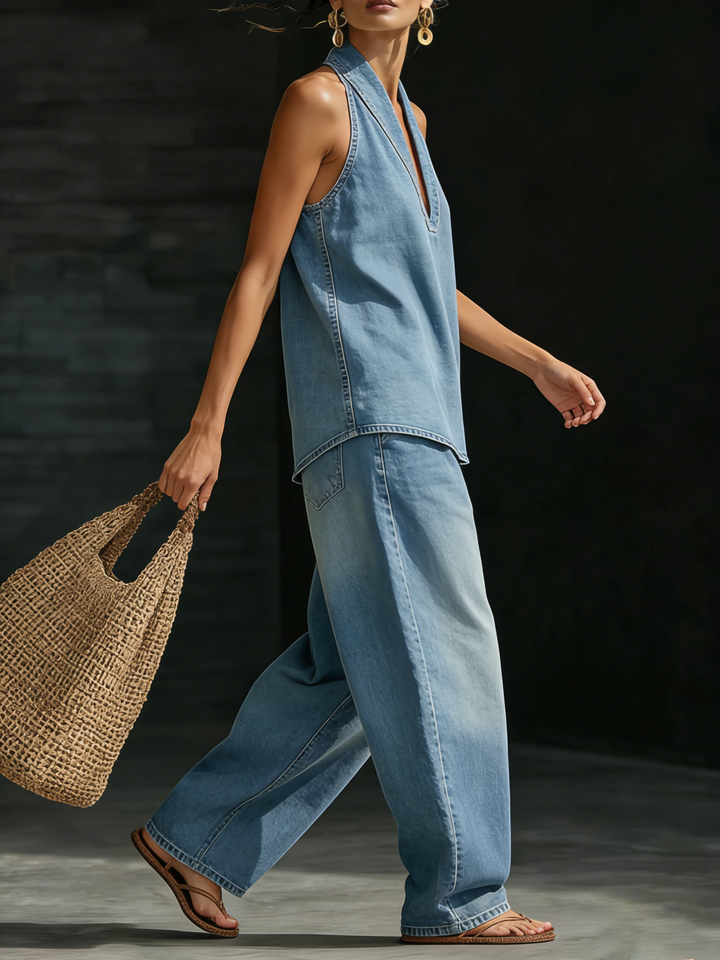 Katrina | Elegante e Versatile Set in Denim per Donne con Top Scollo a V e Pantaloni a Gamba Larga 4