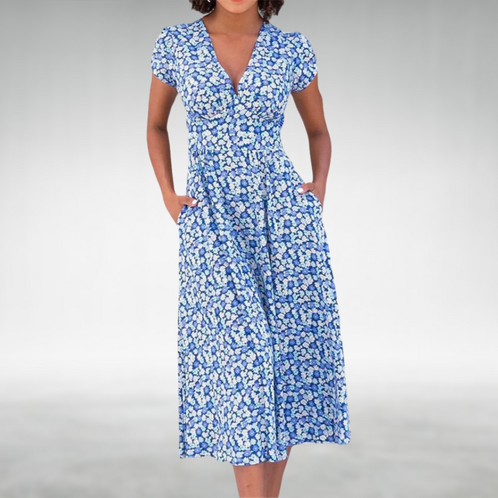 Kendra | Abito Midi Elegante con Stampa Floreale e Scollo a V per Donna 0