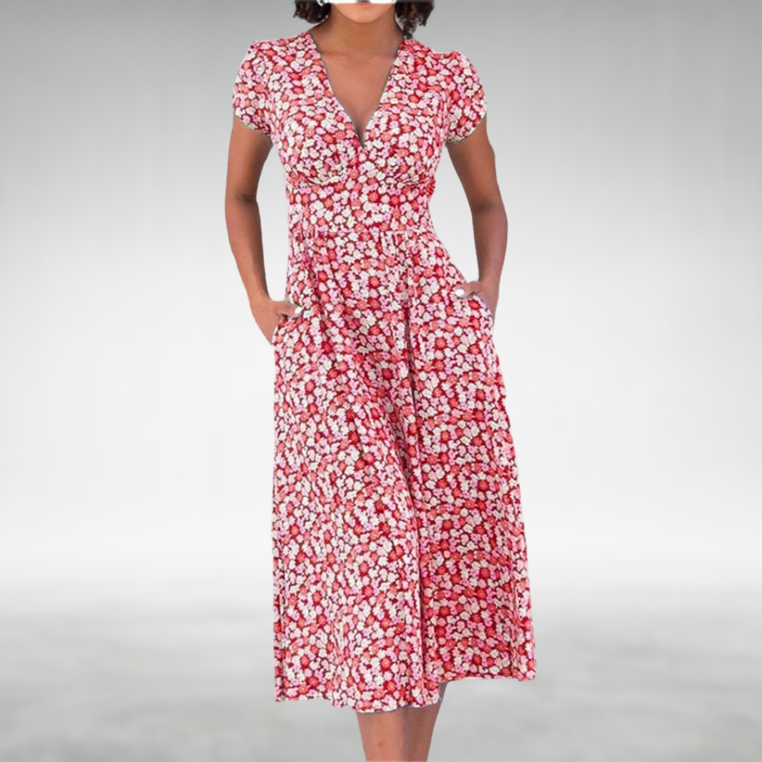 Kendra | Abito Midi Elegante con Stampa Floreale e Scollo a V per Donna 1