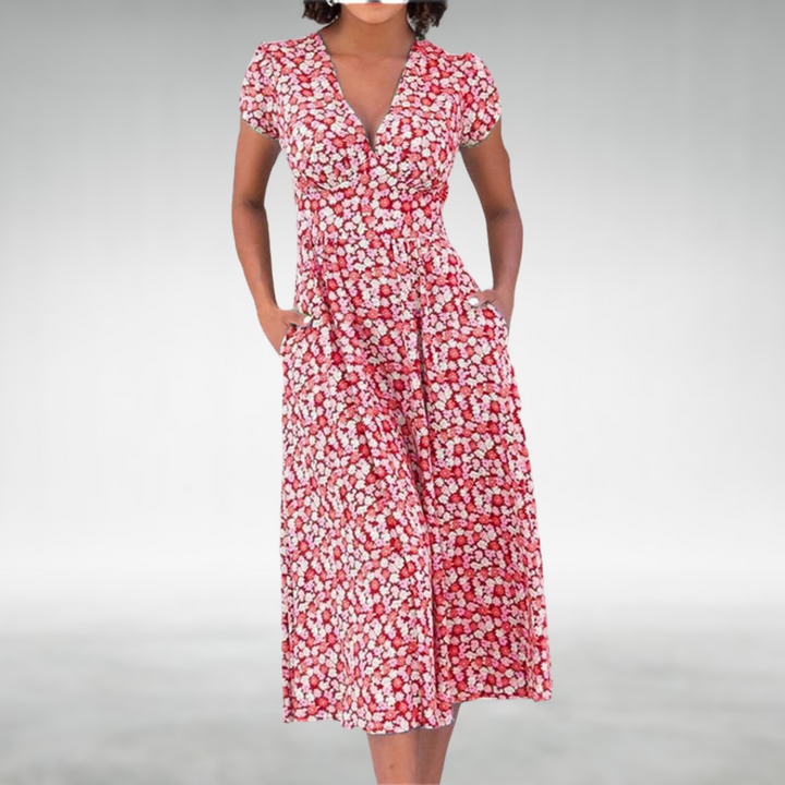 Kendra | Abito Midi Elegante con Stampa Floreale e Scollo a V per Donna 1