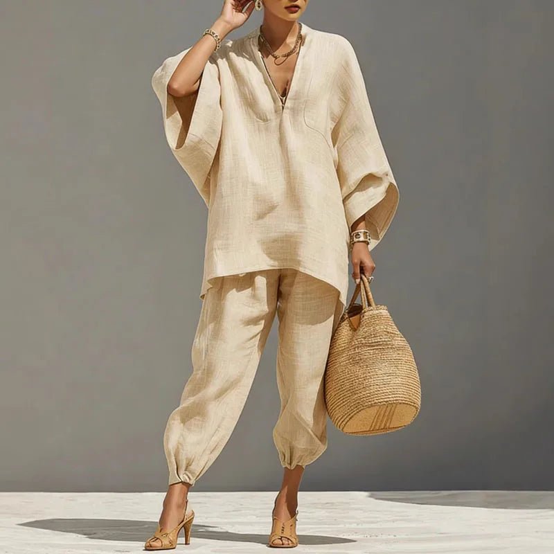 Lara | Completo Donna Elegante in Lino con Maniche a Pipistrello e Pantaloni Tapered 0