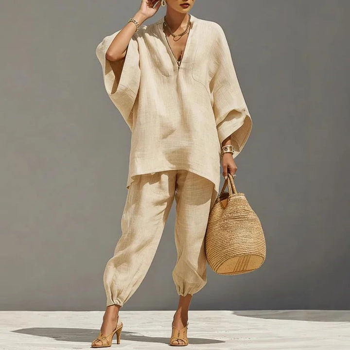 Lara | Completo Donna Elegante in Lino con Maniche a Pipistrello e Pantaloni Tapered 0