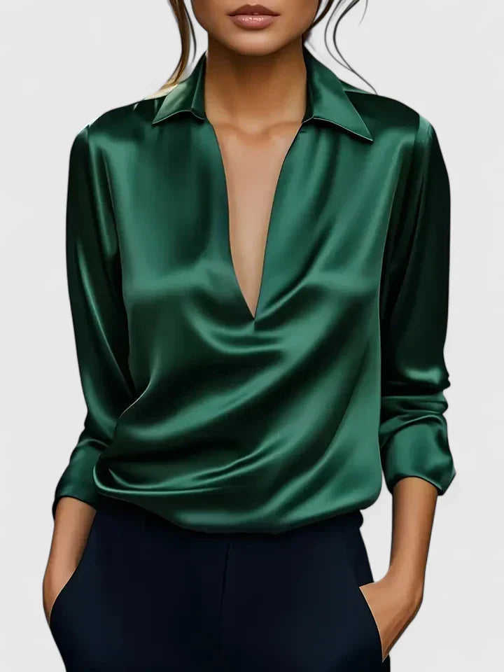 Lara | Elegante Blusa a Maniche Lunghe con Colletto e Drappeggio Sofisticato 0