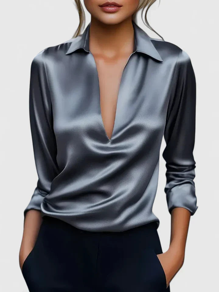Lara | Elegante Blusa a Maniche Lunghe con Colletto e Drappeggio Sofisticato 3