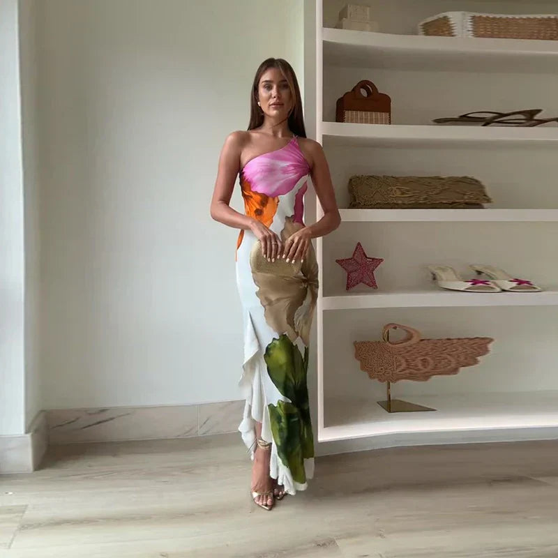 Lena | Elegante Maxi Abito Monospalla Floreale per Cerimonia e Eventi 0